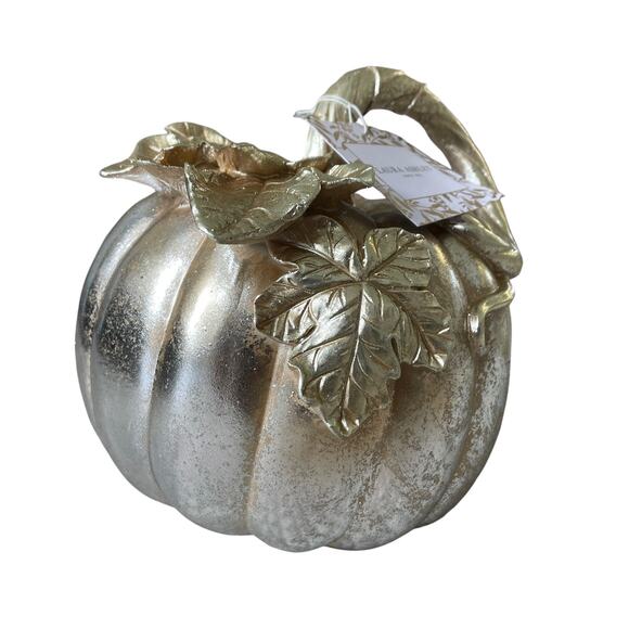 Laura Ashley Metallic Silver PUMPKIN With 3D Gold Leaf Detail 9" Fall Decor NEW - Picture 4 of 10